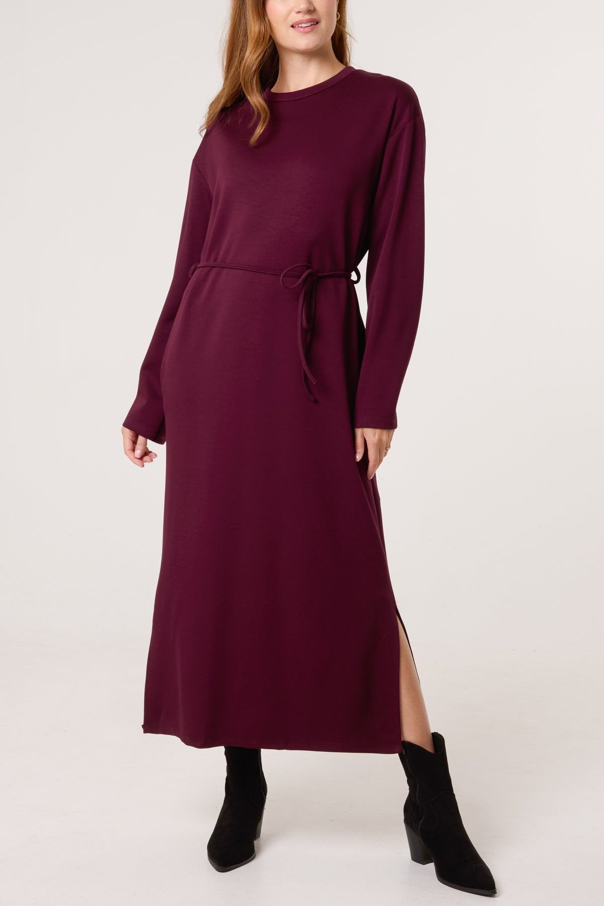 Round Neck Belted Midi Sweat Dress