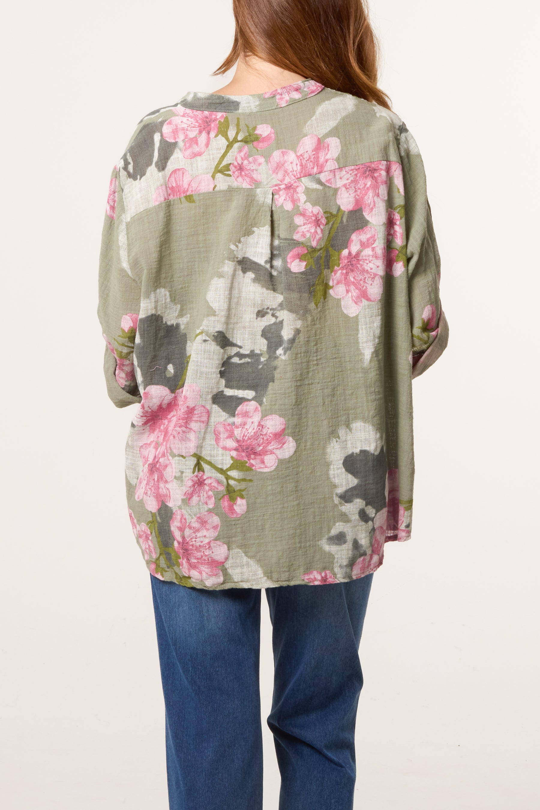 Floral Sequin Pocket Roll Sleeve Blouse
