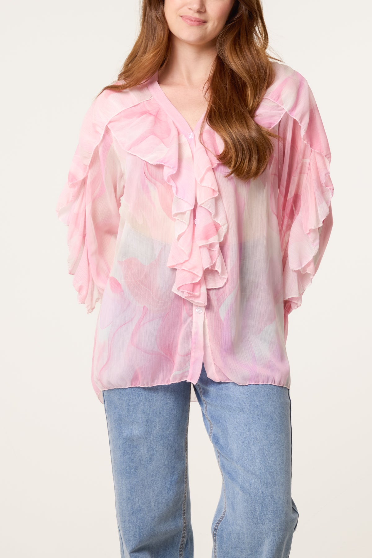 Waterprint Chiffon Ruffle Shirt