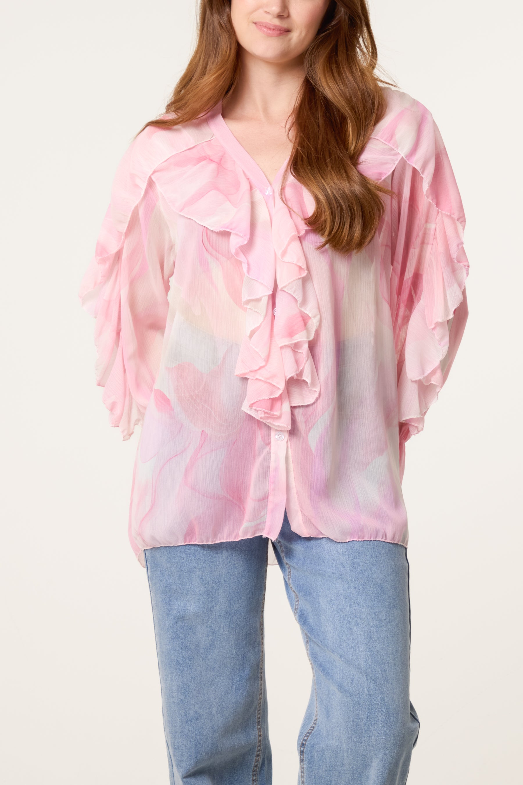 Waterprint Chiffon Ruffle Shirt