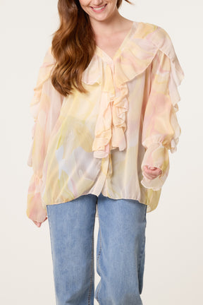 Waterprint Chiffon Ruffle Shirt