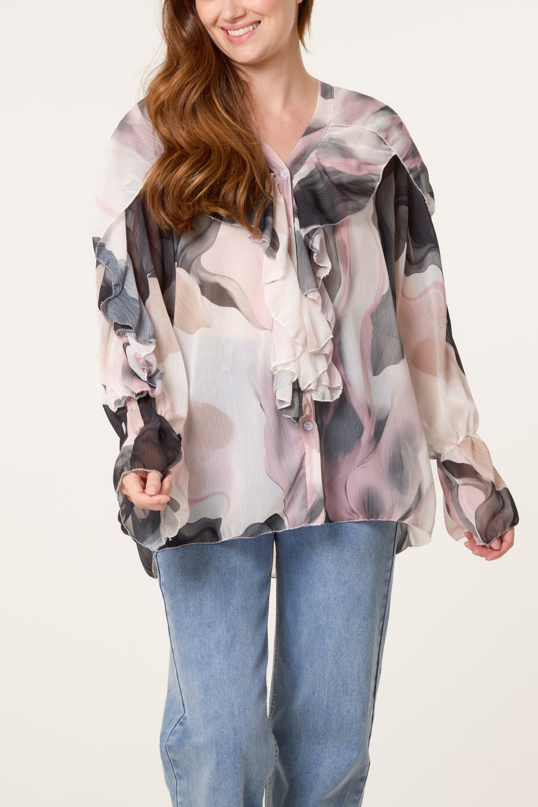 Waterprint Chiffon Ruffle Shirt