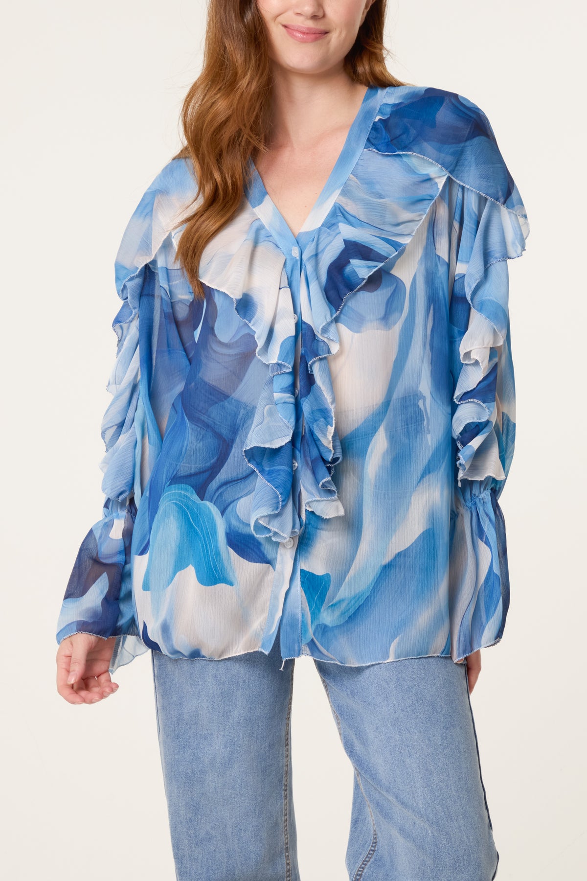 Waterprint Chiffon Ruffle Shirt