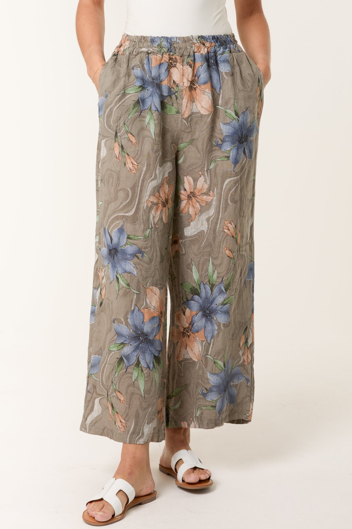 Vintage Floral Linen Wide Leg Trousers