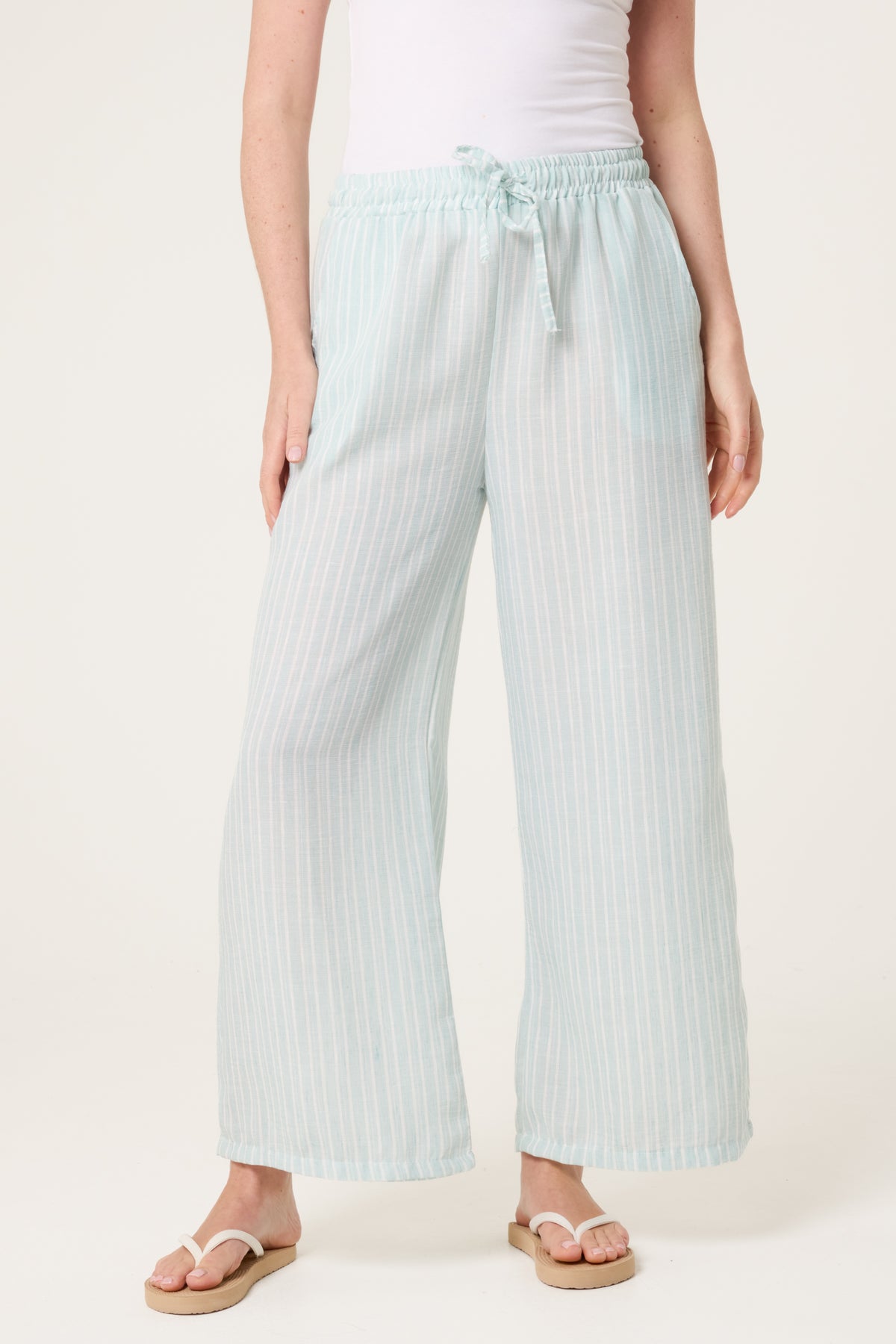 Cotton Blend Striped Wide Leg Trousers