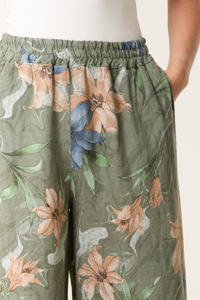 Vintage Floral Linen Wide Leg Trousers