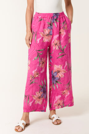 Vintage Floral Linen Wide Leg Trousers