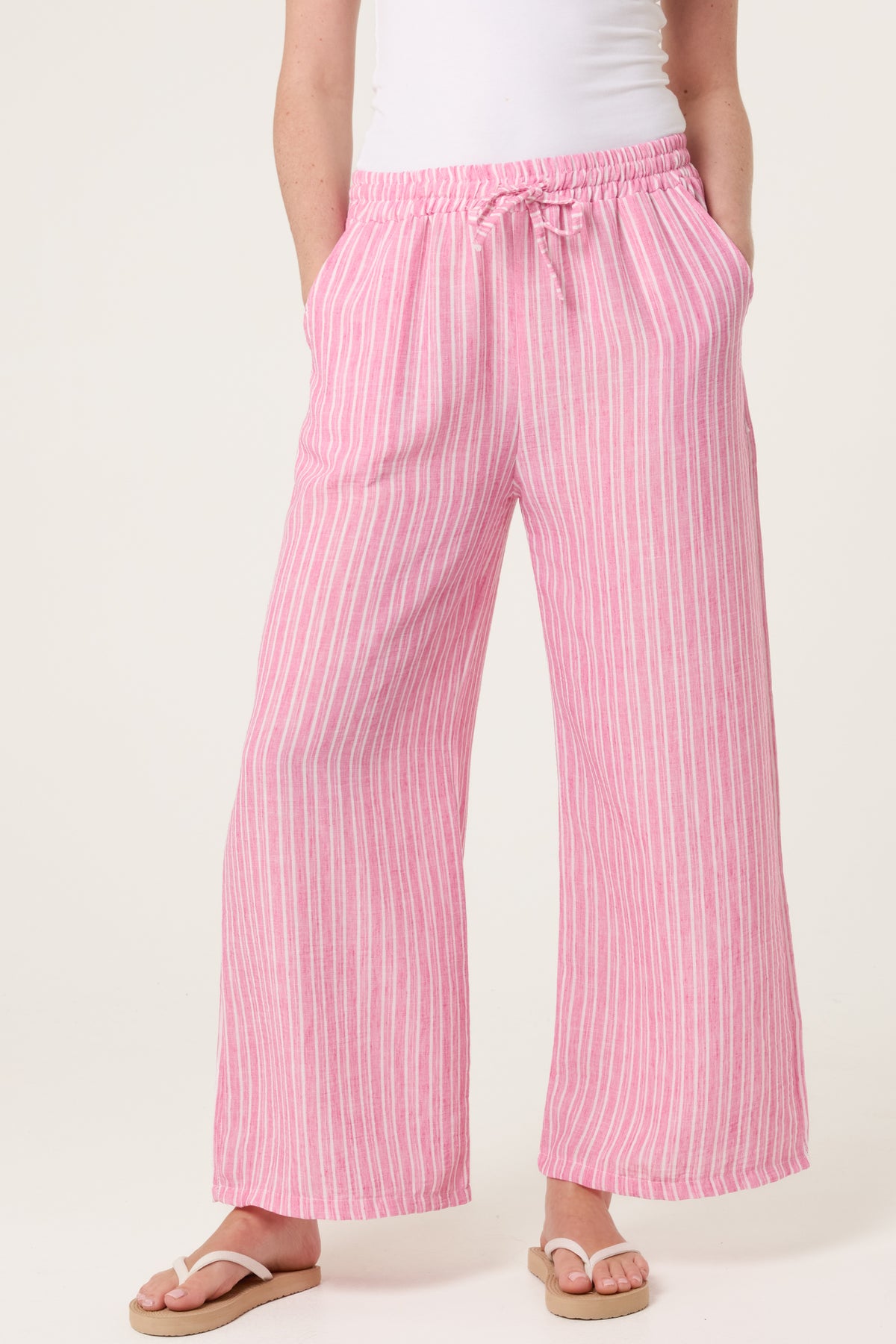 Cotton Blend Striped Wide Leg Trousers
