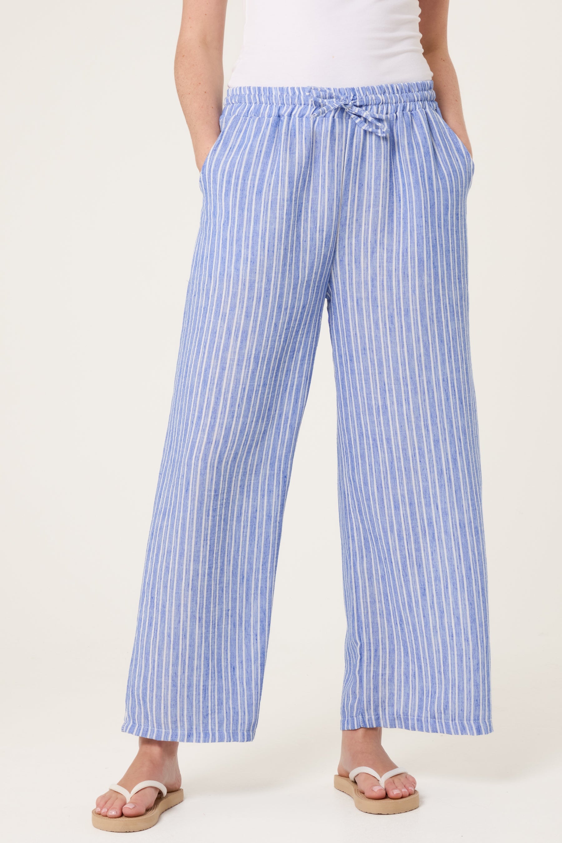 Cotton Blend Striped Wide Leg Trousers