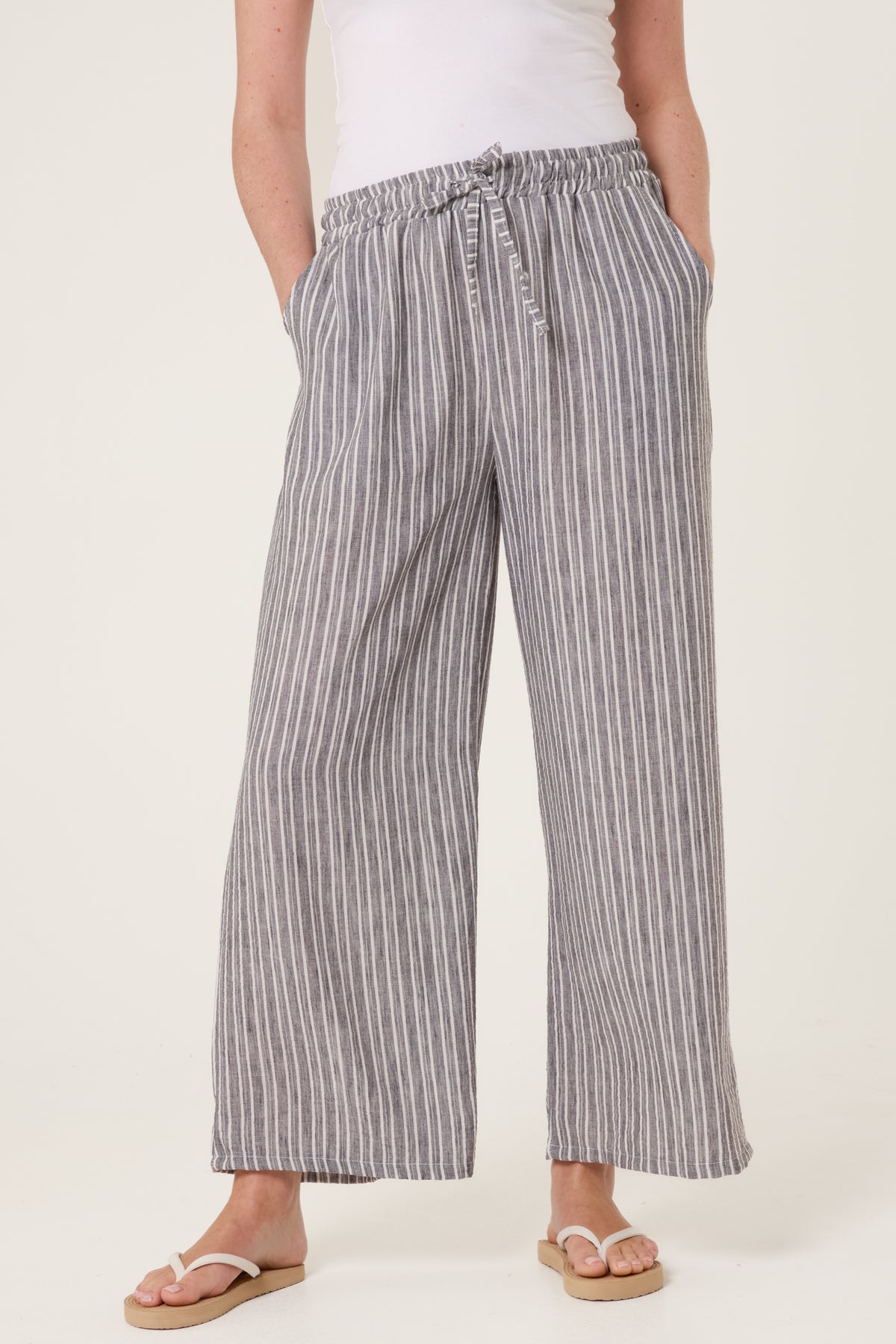 Cotton Blend Striped Wide Leg Trousers