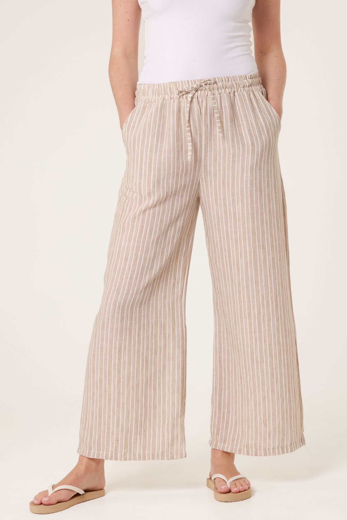 Cotton Blend Striped Wide Leg Trousers