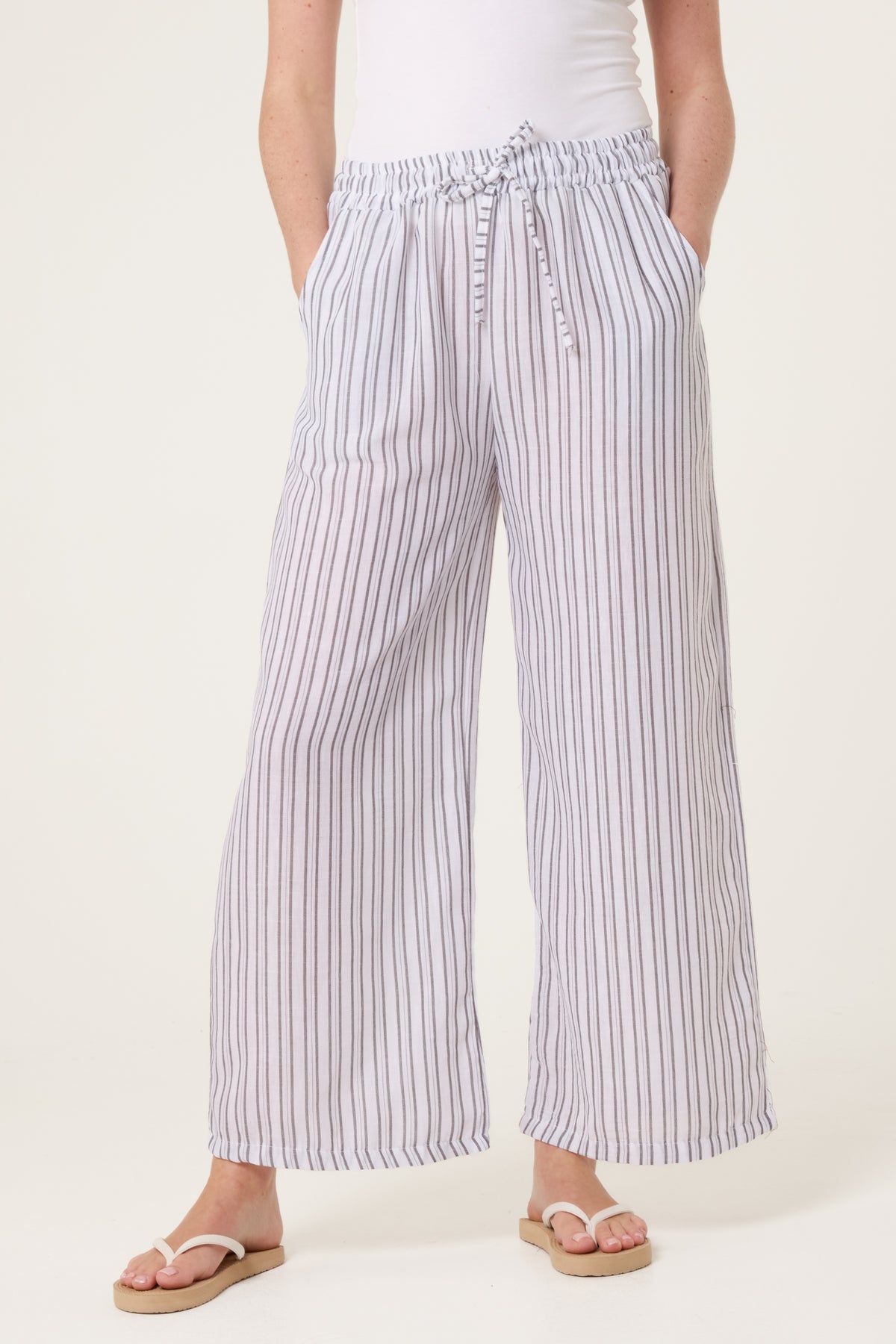 Cotton Blend Striped Wide Leg Trousers