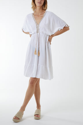 Metallic Detail Tassel Bobble Sleeve Dress