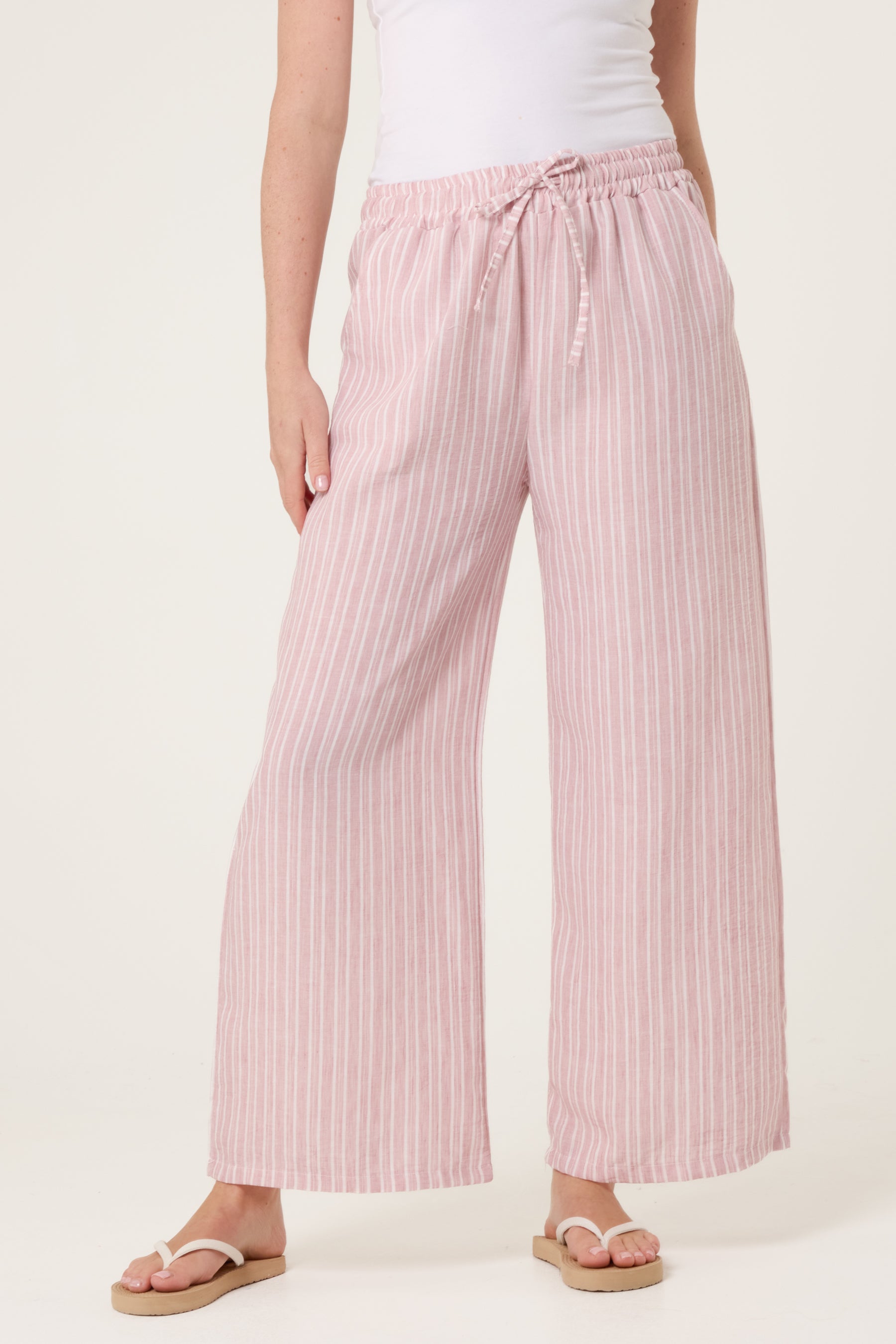 Cotton Blend Striped Wide Leg Trousers