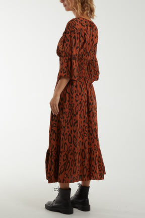 Leopard Shirred Bodice Maxi Dress