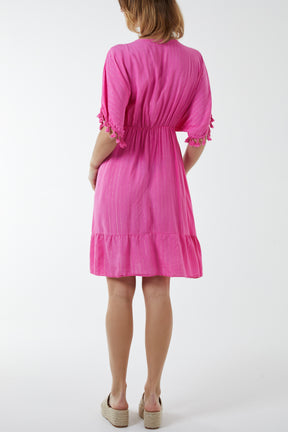 Metallic Detail Tassel Bobble Sleeve Dress