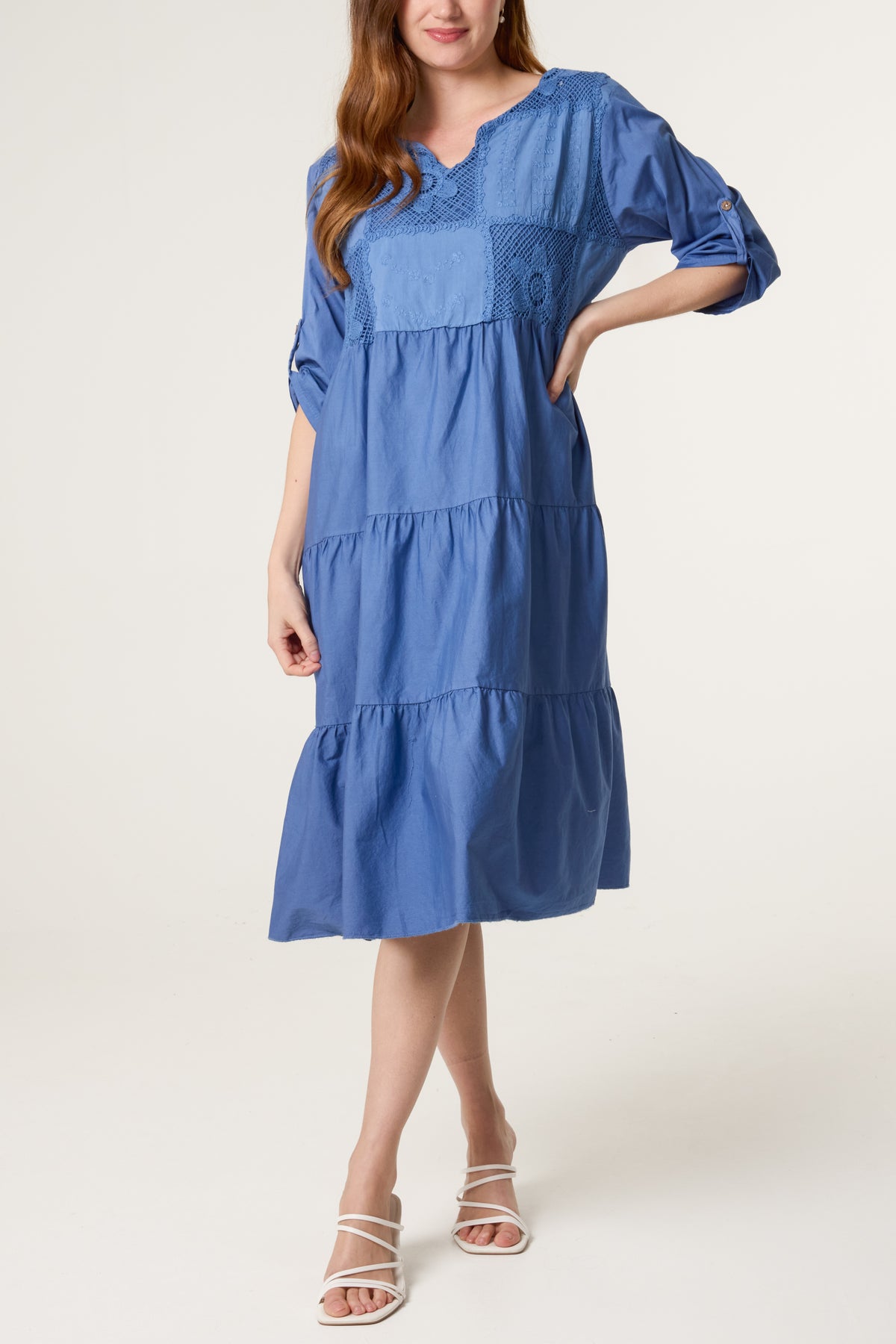 Floral Embroidery & Crochet Tiered Dress