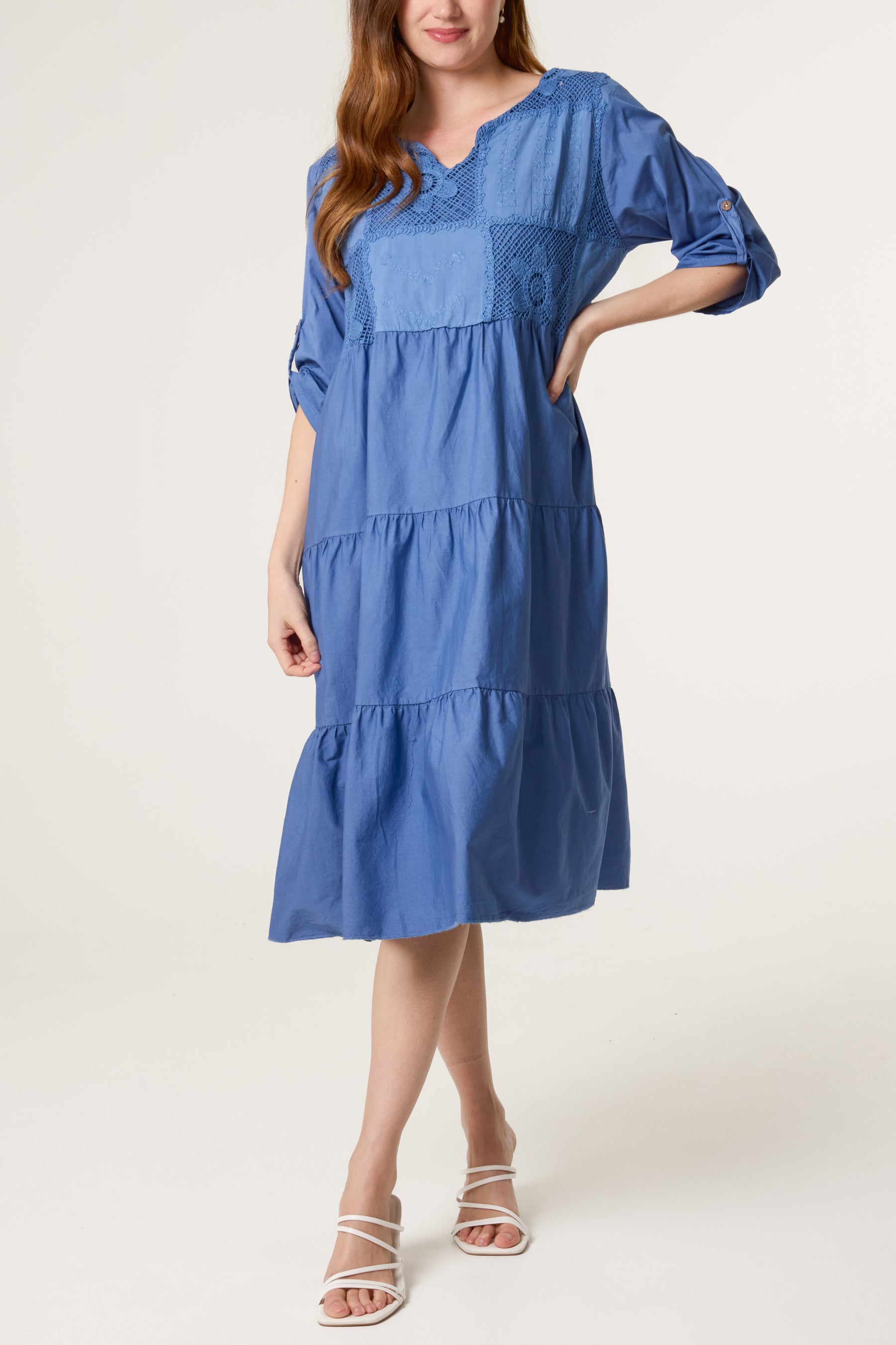 Floral Embroidery & Crochet Tiered Dress