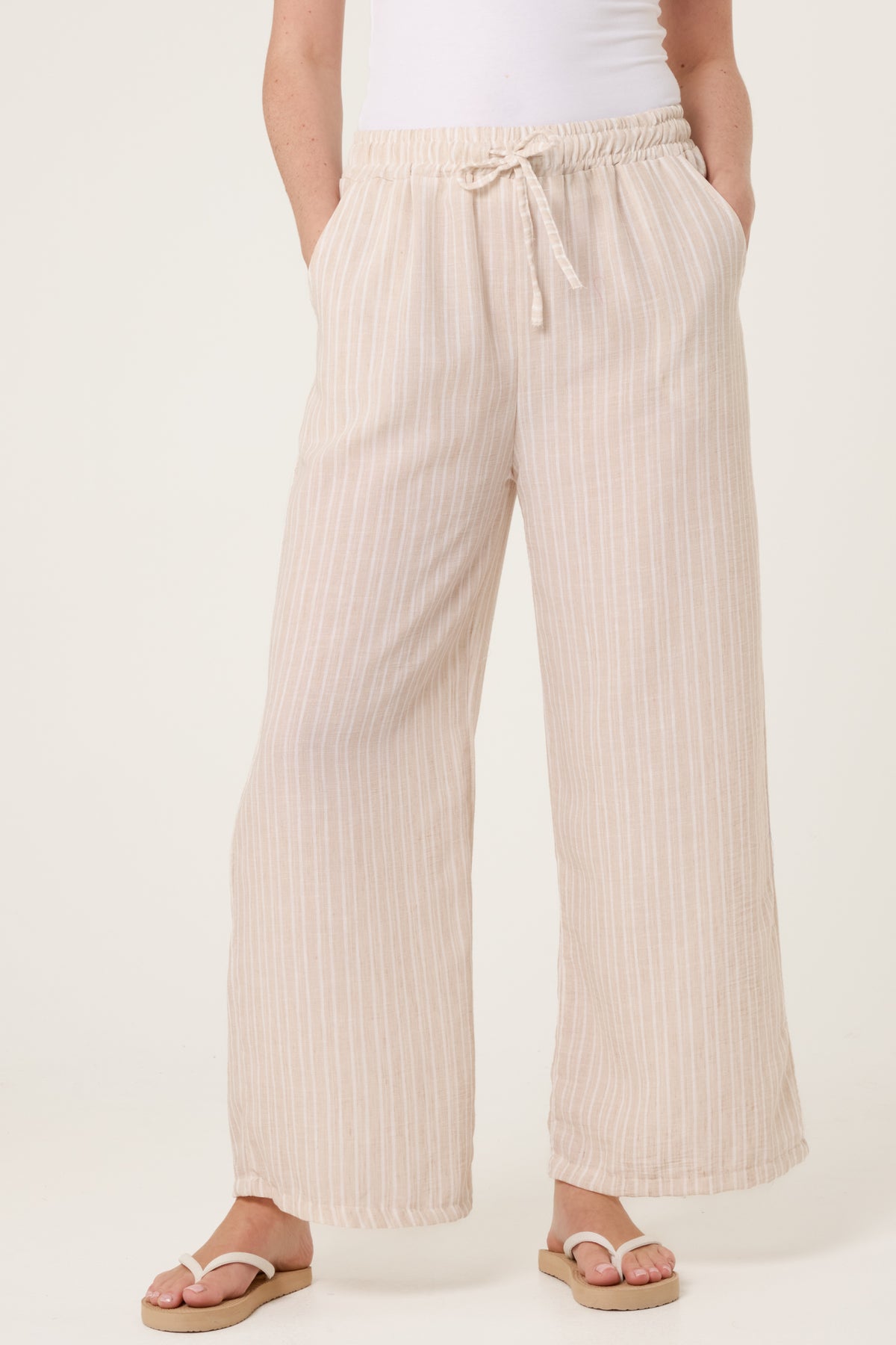 Cotton Blend Striped Wide Leg Trousers