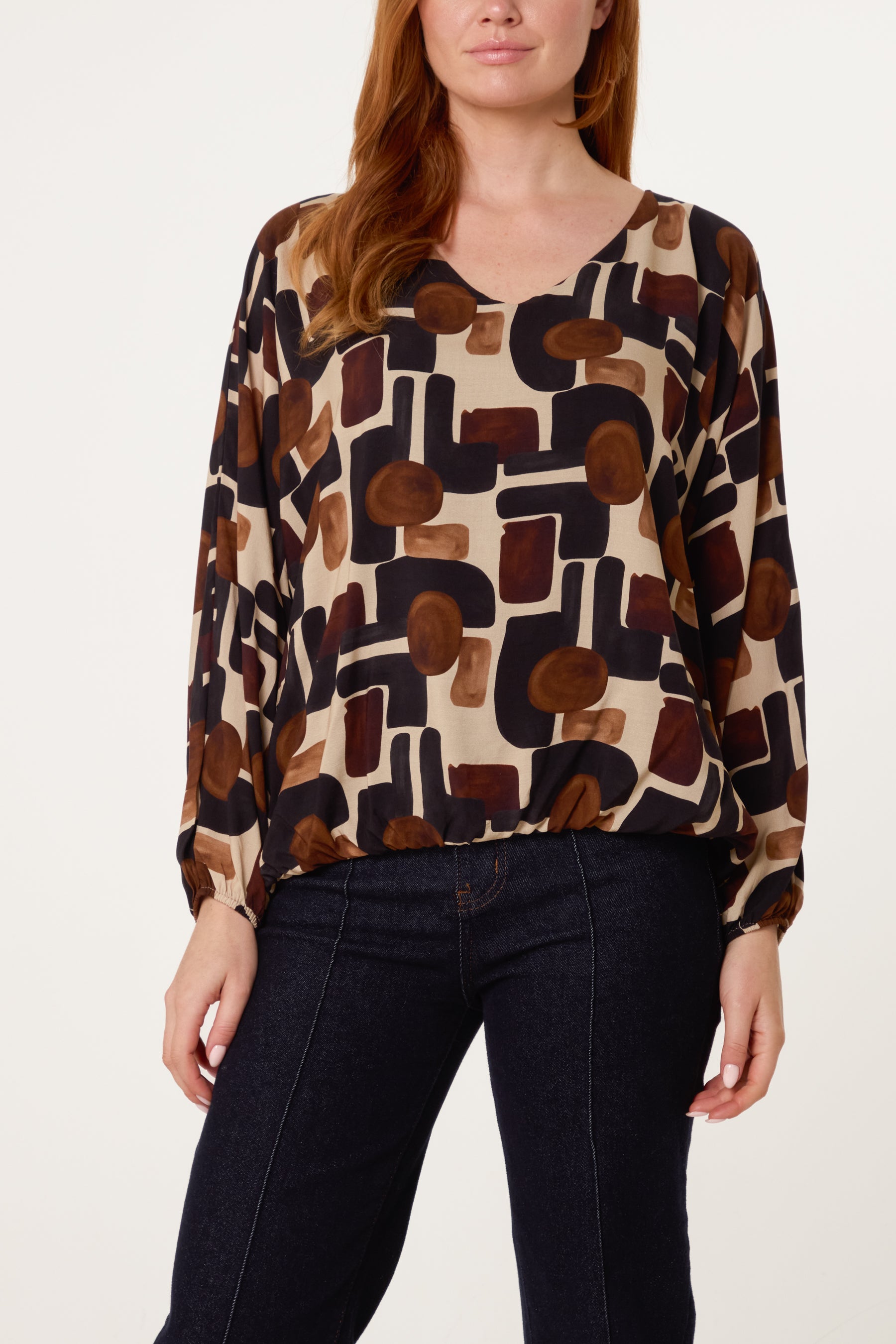 V-Neck Bubble Hem Geometric Blouse