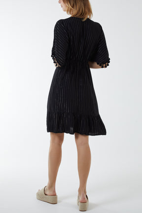 Metallic Detail Tassel Bobble Sleeve Dress