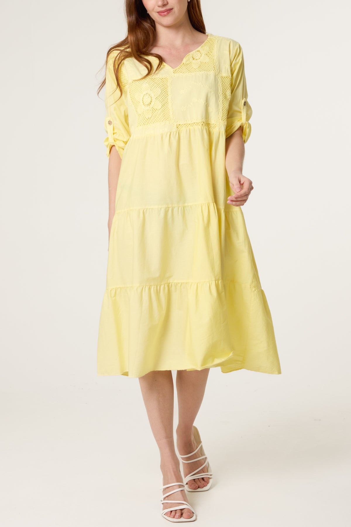 Floral Embroidery & Crochet Tiered Dress