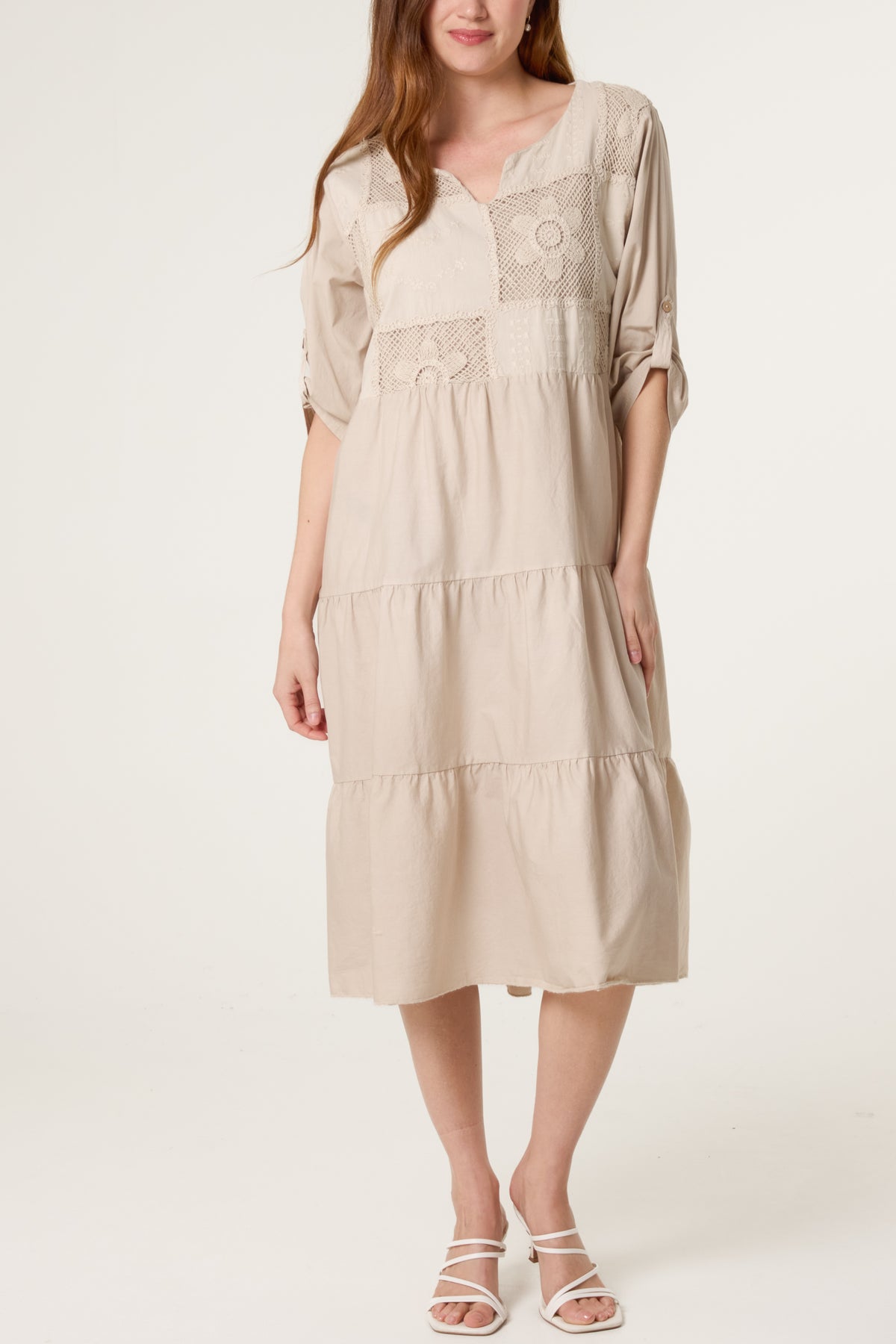 Floral Embroidery & Crochet Tiered Dress