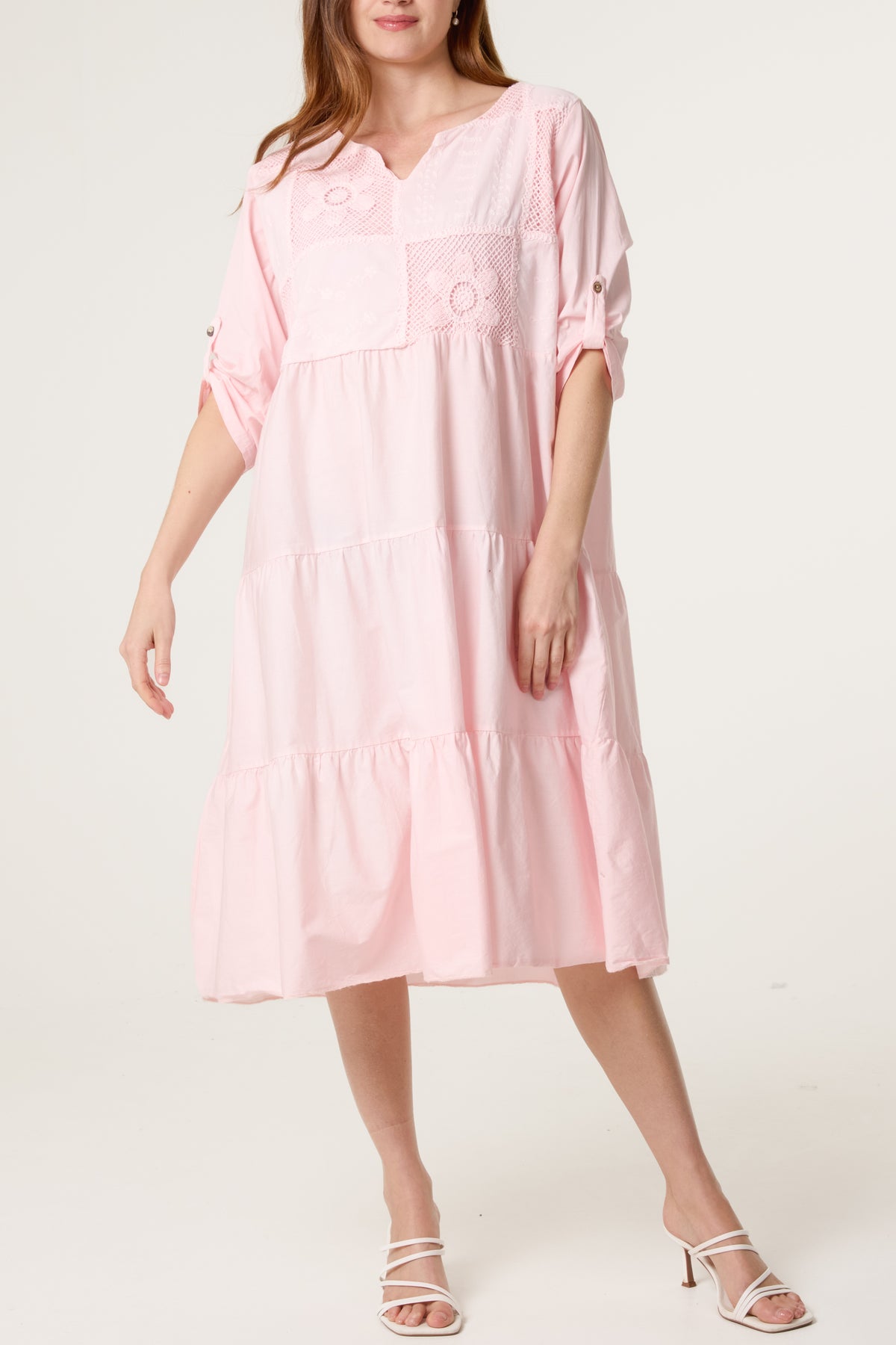 Floral Embroidery & Crochet Tiered Dress