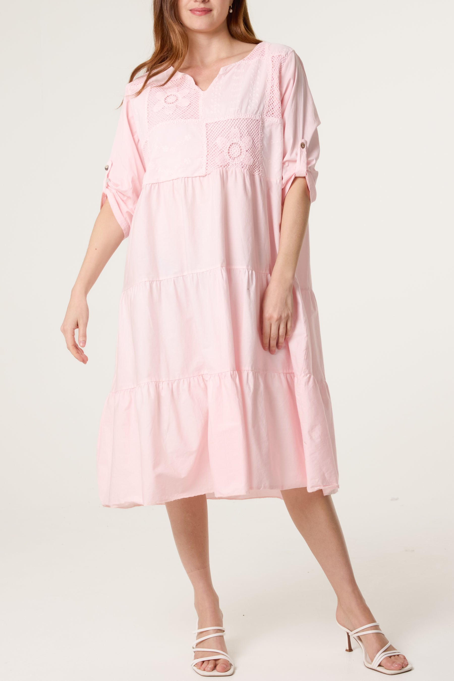 Floral Embroidery & Crochet Tiered Dress