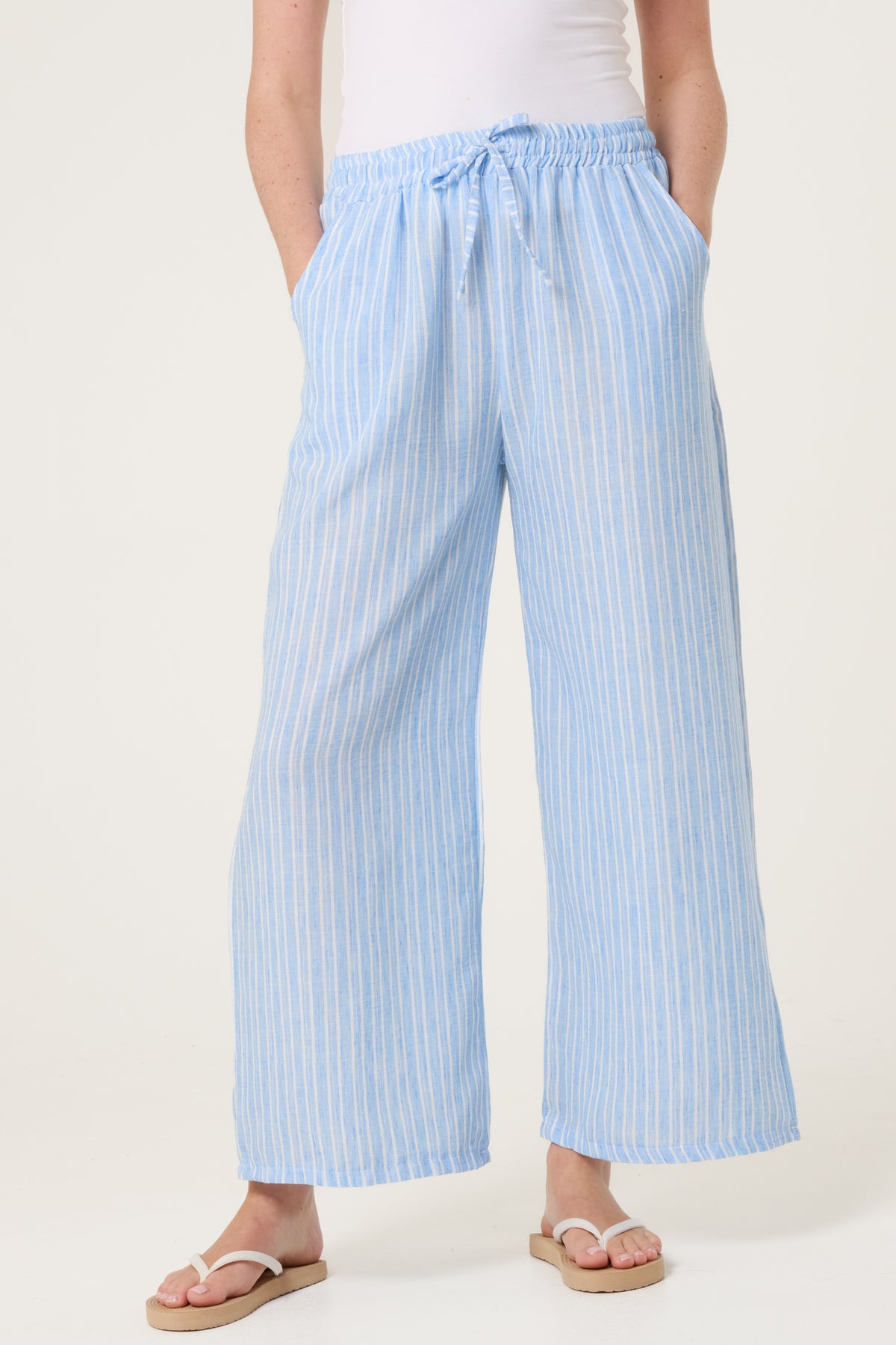 Cotton Blend Striped Wide Leg Trousers