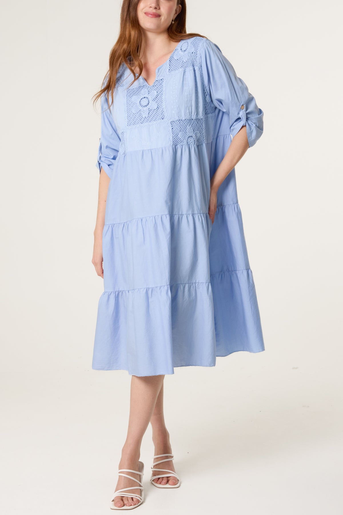 Floral Embroidery & Crochet Tiered Dress