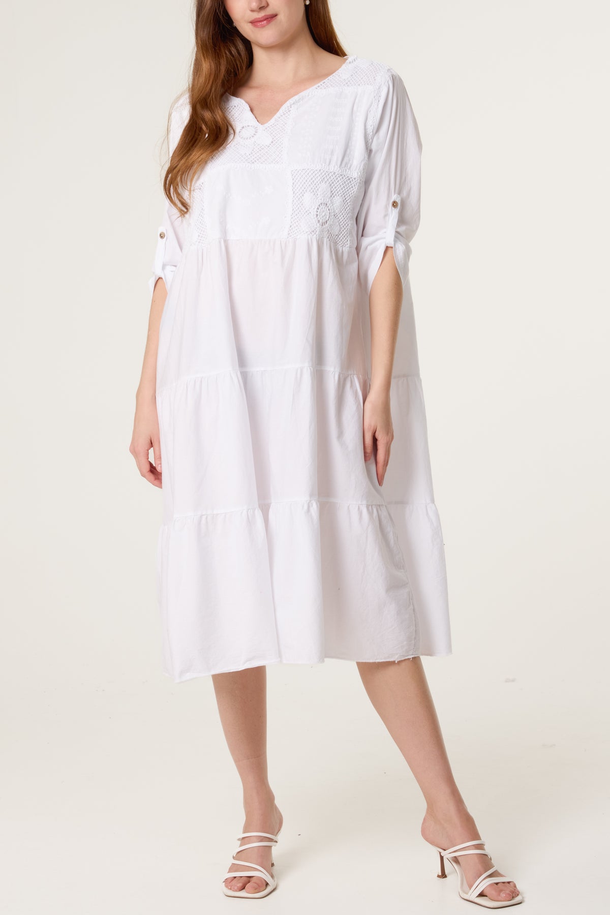 Floral Embroidery & Crochet Tiered Dress