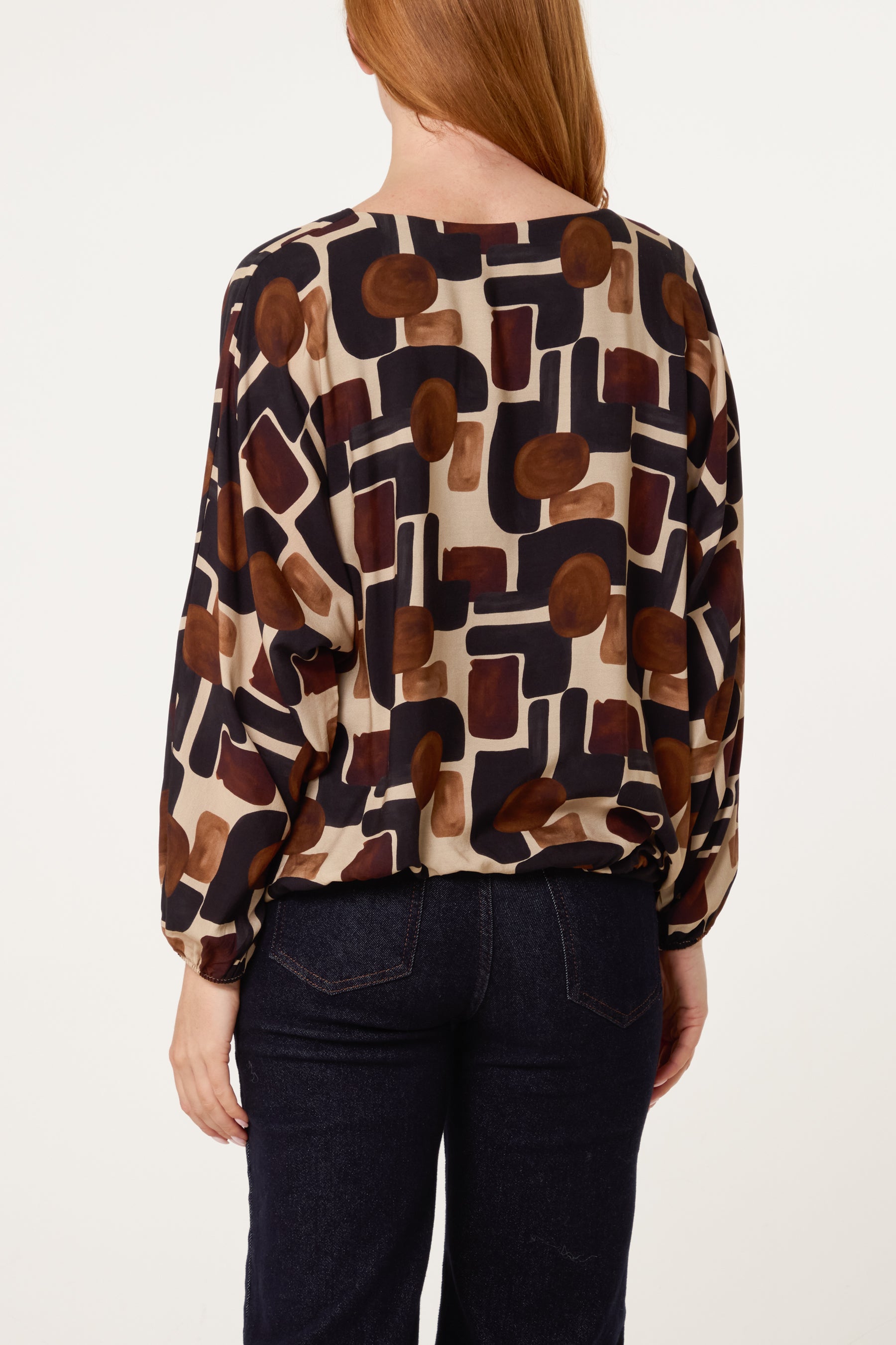 V-Neck Bubble Hem Geometric Blouse