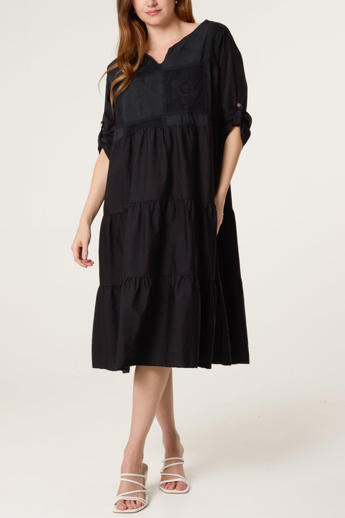 Floral Embroidery & Crochet Tiered Dress