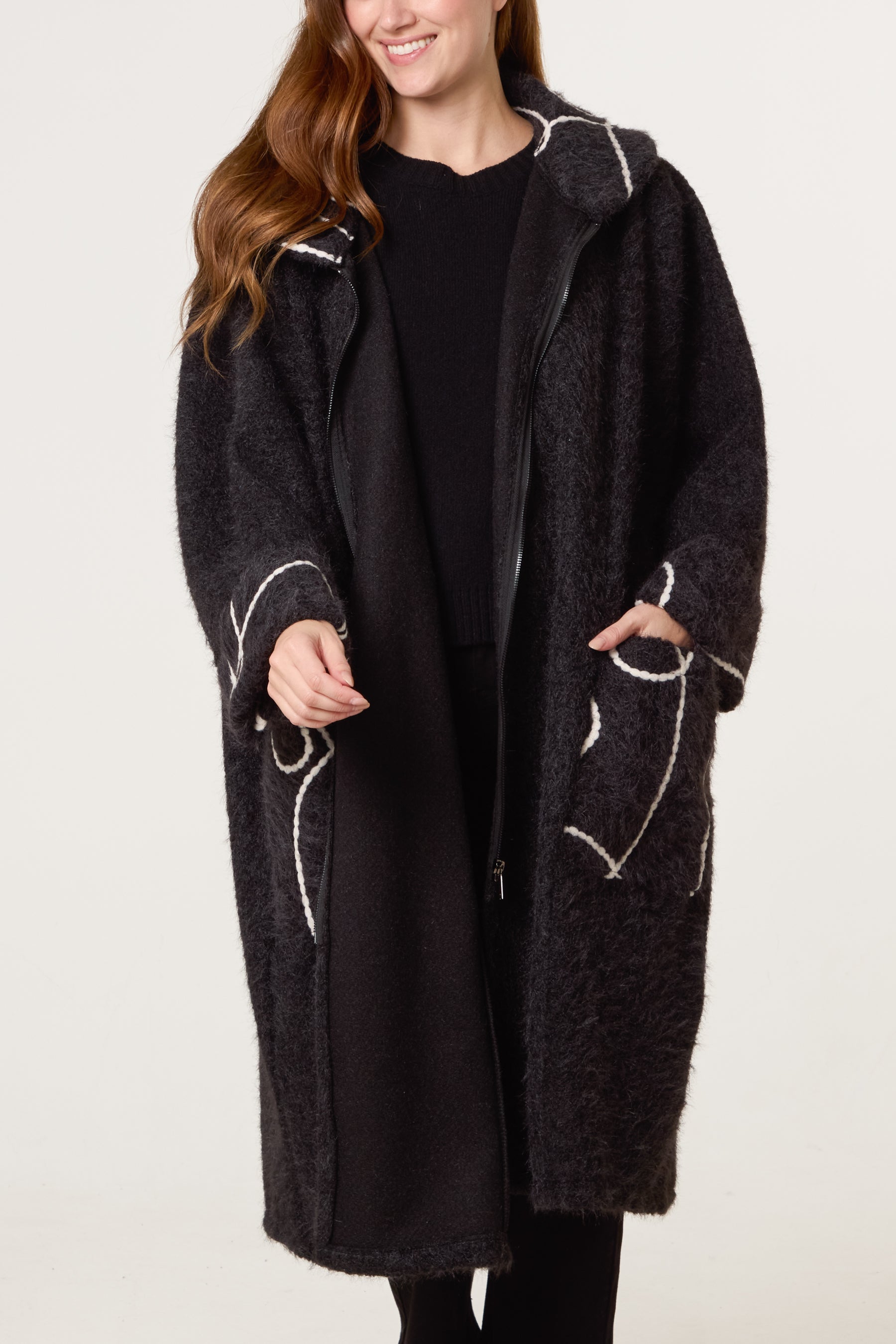 Embroidered Button Through Coat