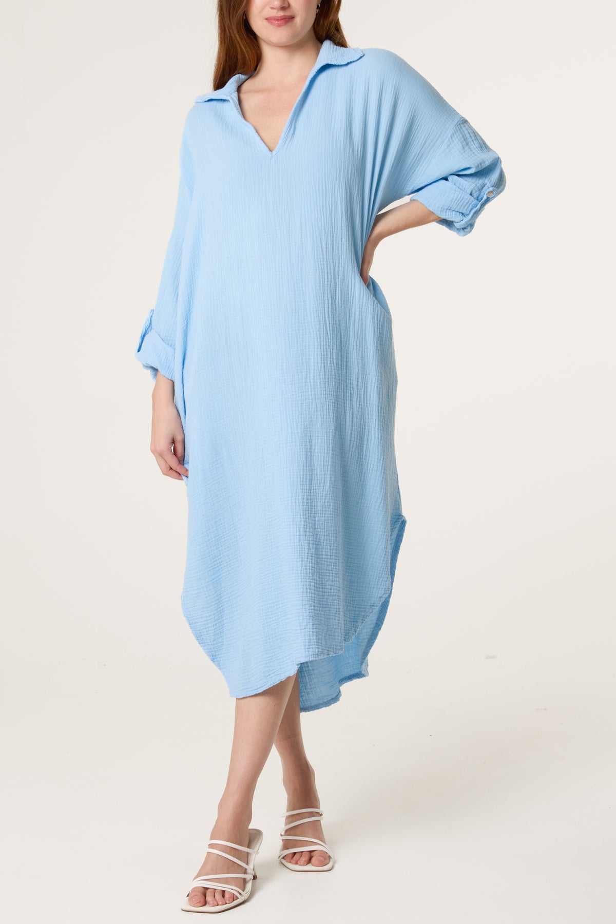 Cheesecloth V-Collar Roll Sleeve Dress