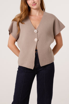 Gold Button V-Neck Knit Cardigan
