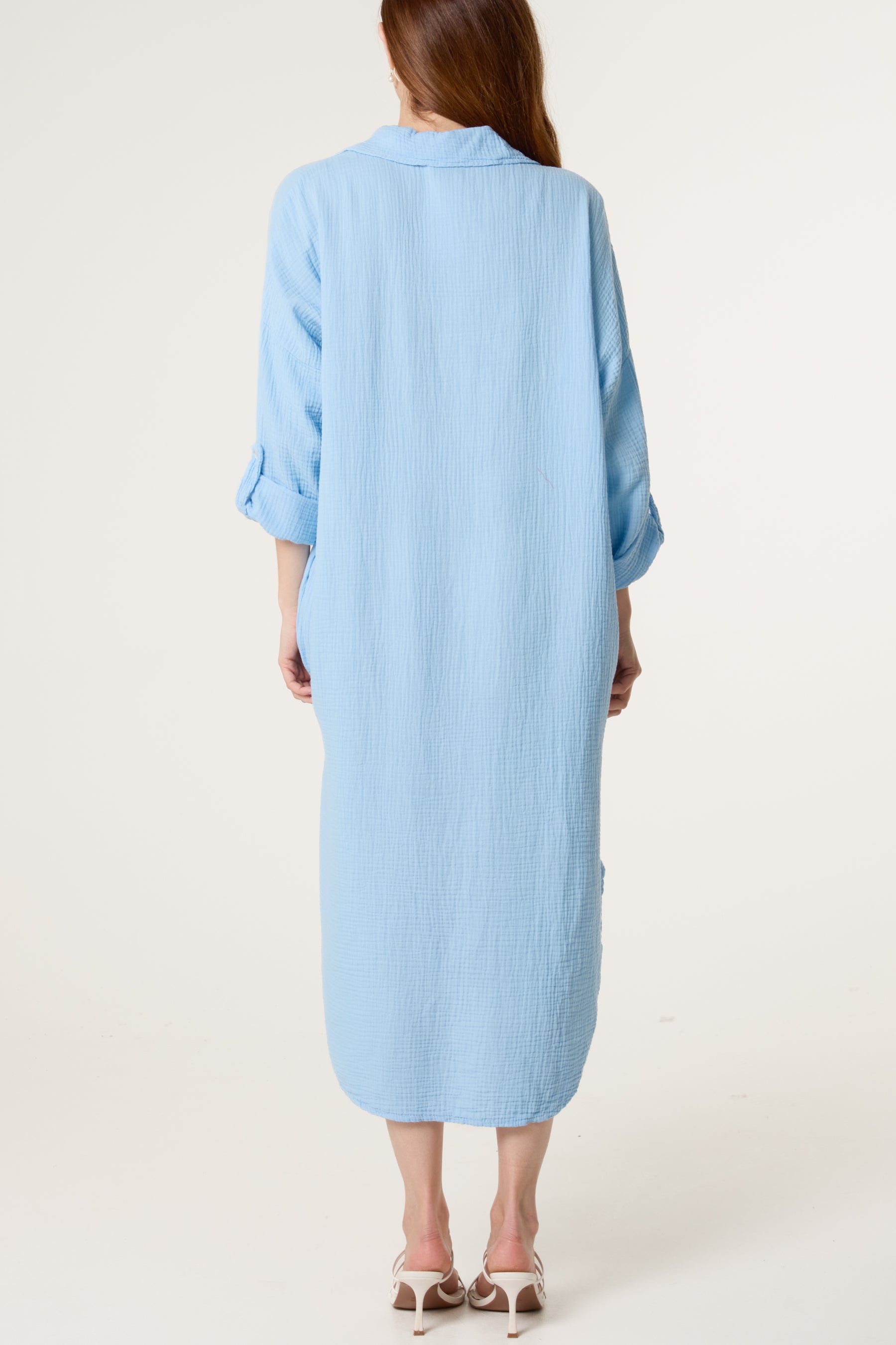 Cheesecloth V-Collar Roll Sleeve Dress