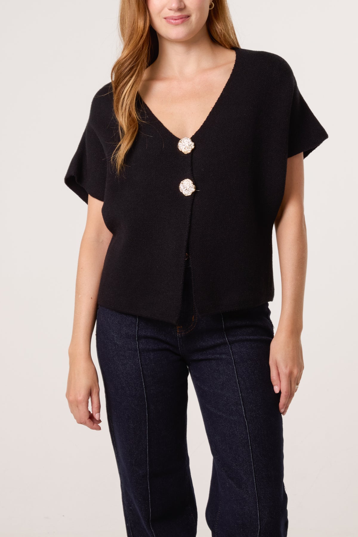 Gold Button V-Neck Knit Cardigan