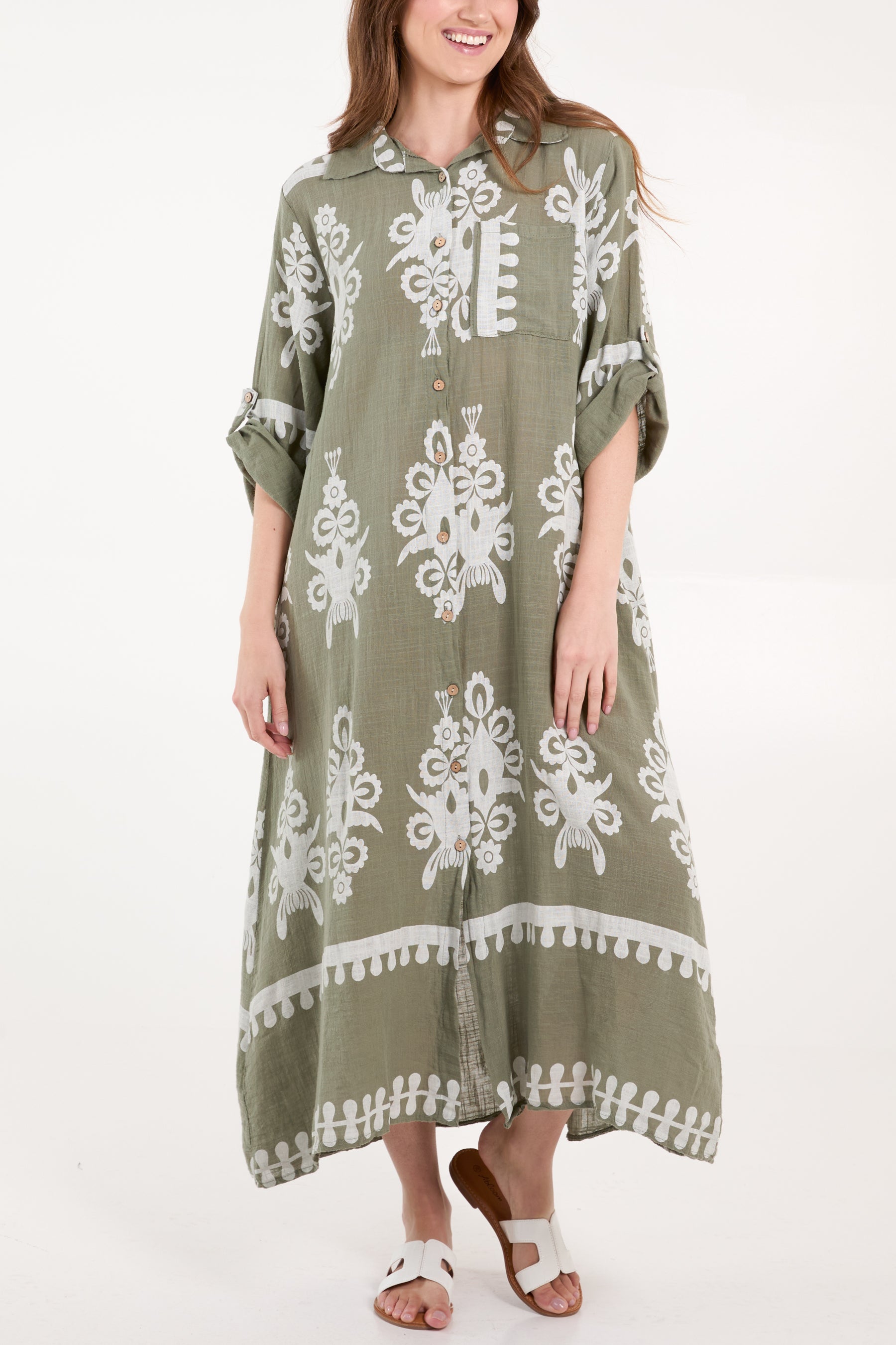 Cotton Printed Pockets Shirt Maxi Dress