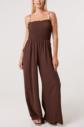 Shirred Bodice Beaded Strap Jumpsuit