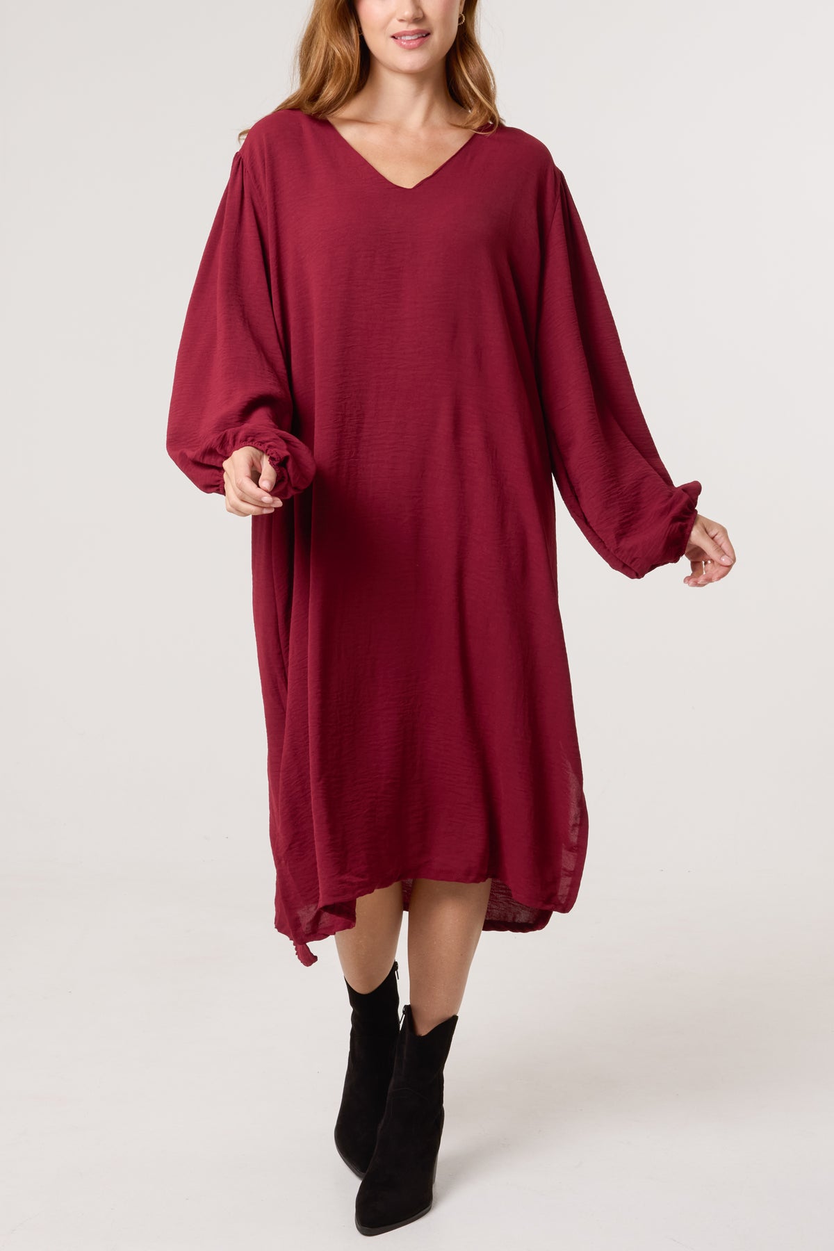 V-Neck Puffball Sleeve Midi Dress