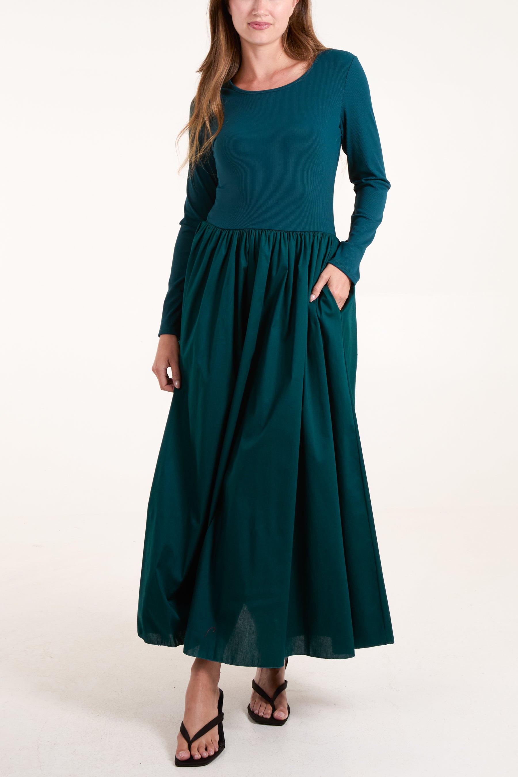 Long Sleeve Elasticated Bodice Midi Dress