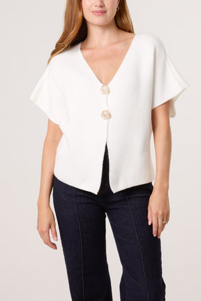 Gold Button V-Neck Knit Cardigan