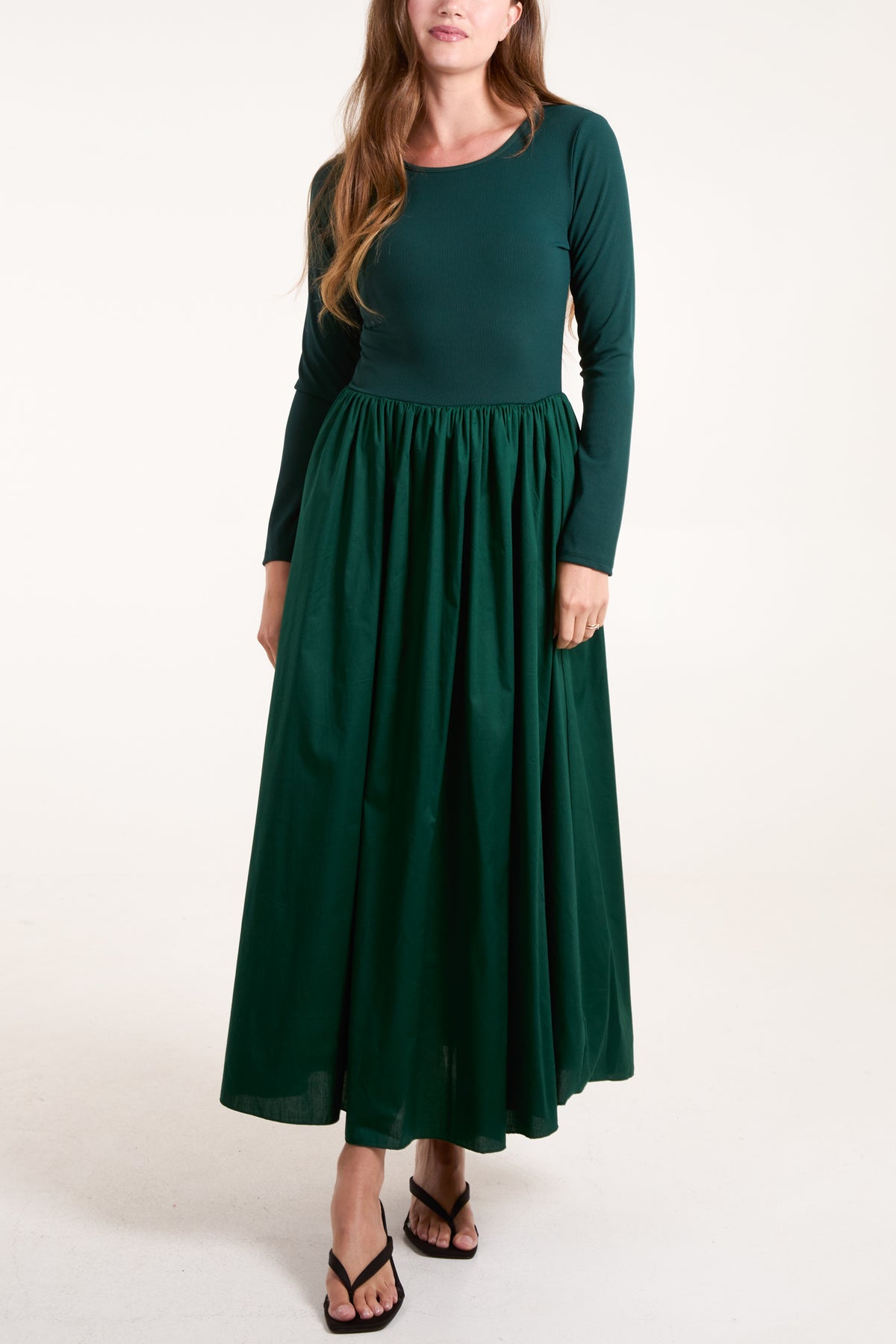 Long Sleeve Elasticated Bodice Midi Dress