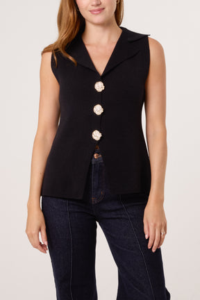 Lapel Collar Gold Button Knitted Waistcoat