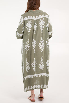 Cotton Printed Pockets Shirt Maxi Dress