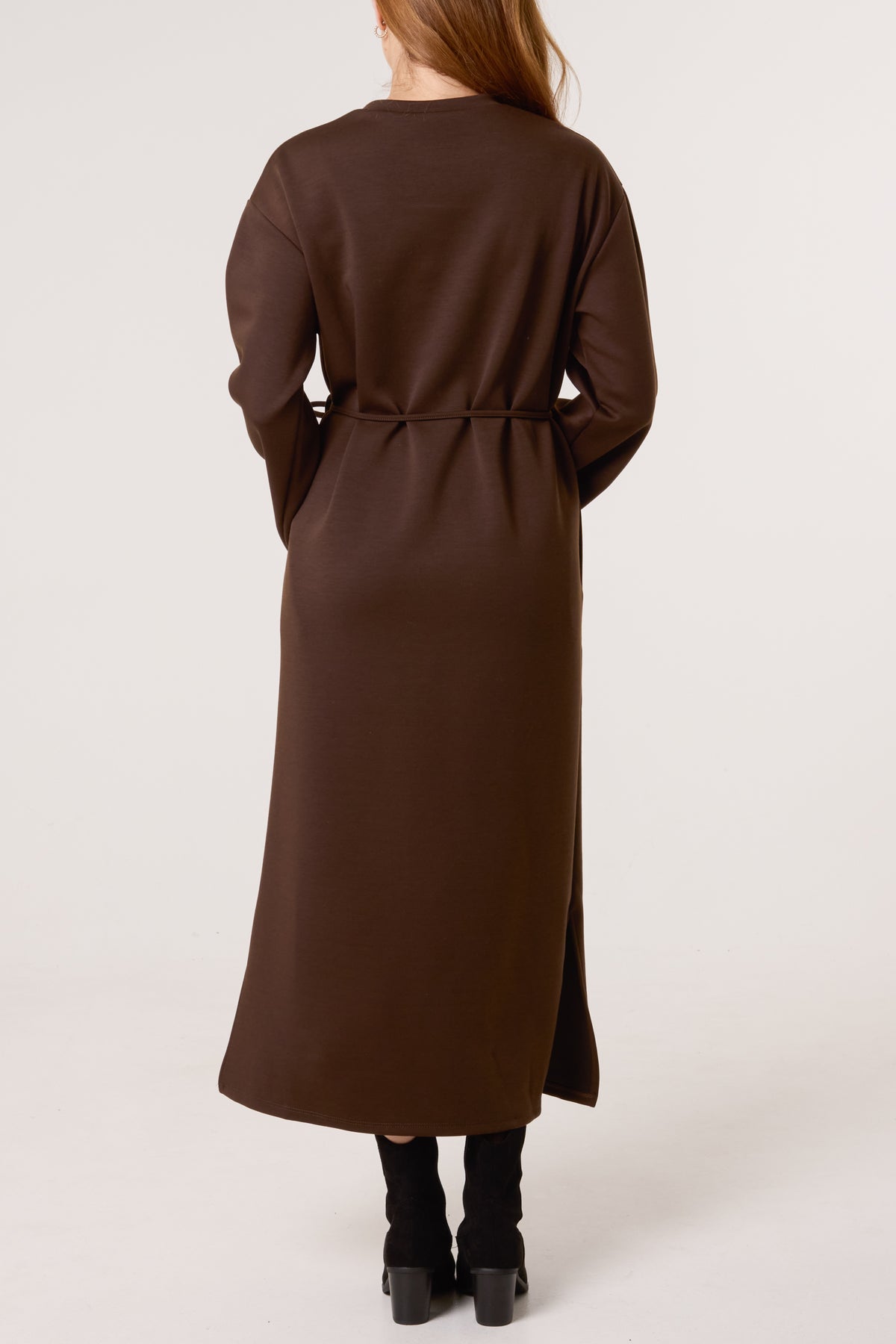 Round Neck Belted Midi Sweat Dress