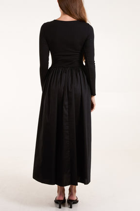 Long Sleeve Elasticated Bodice Midi Dress