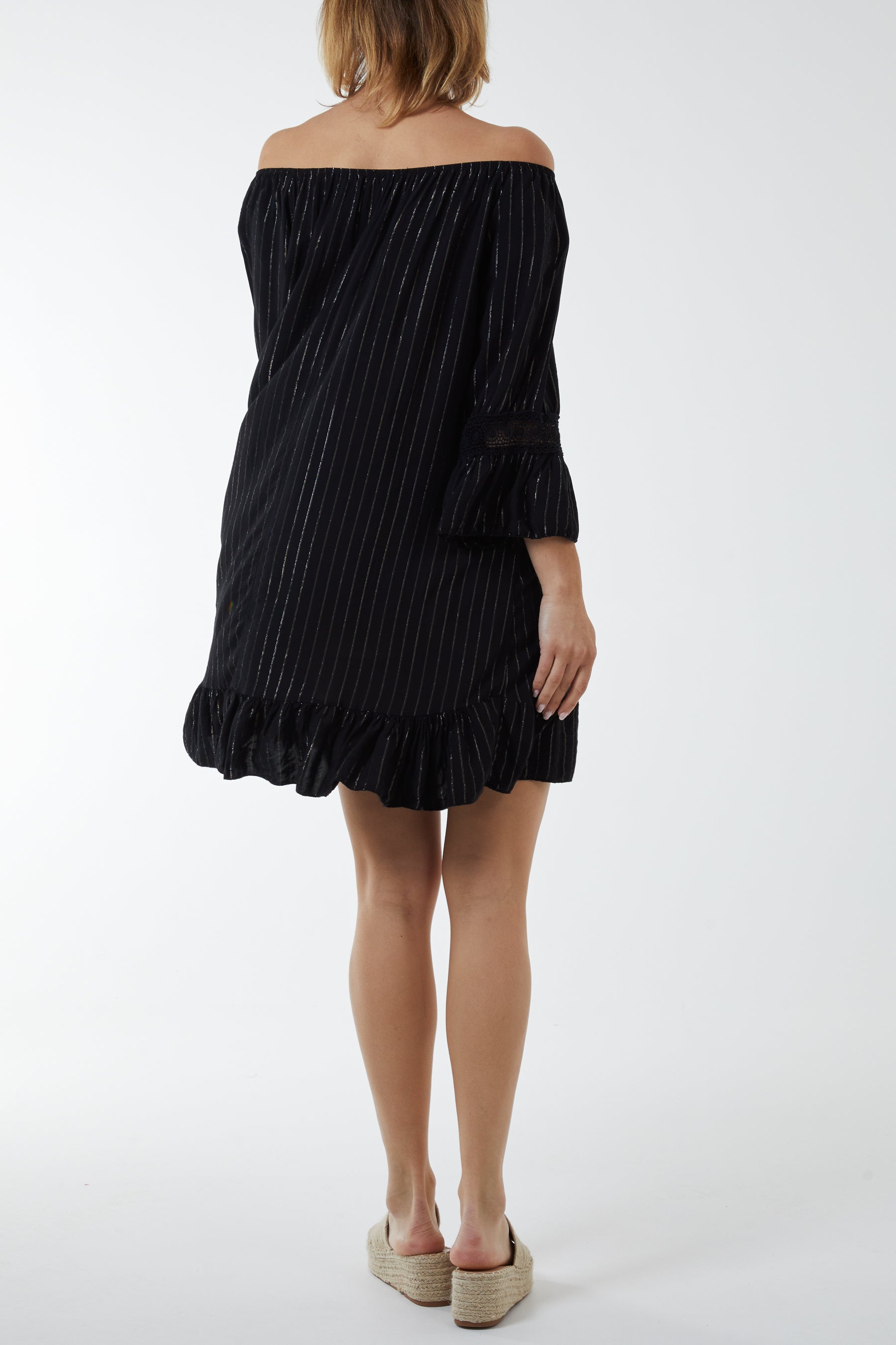 Bardot Frill Sleeve Metallic Stripe Dress